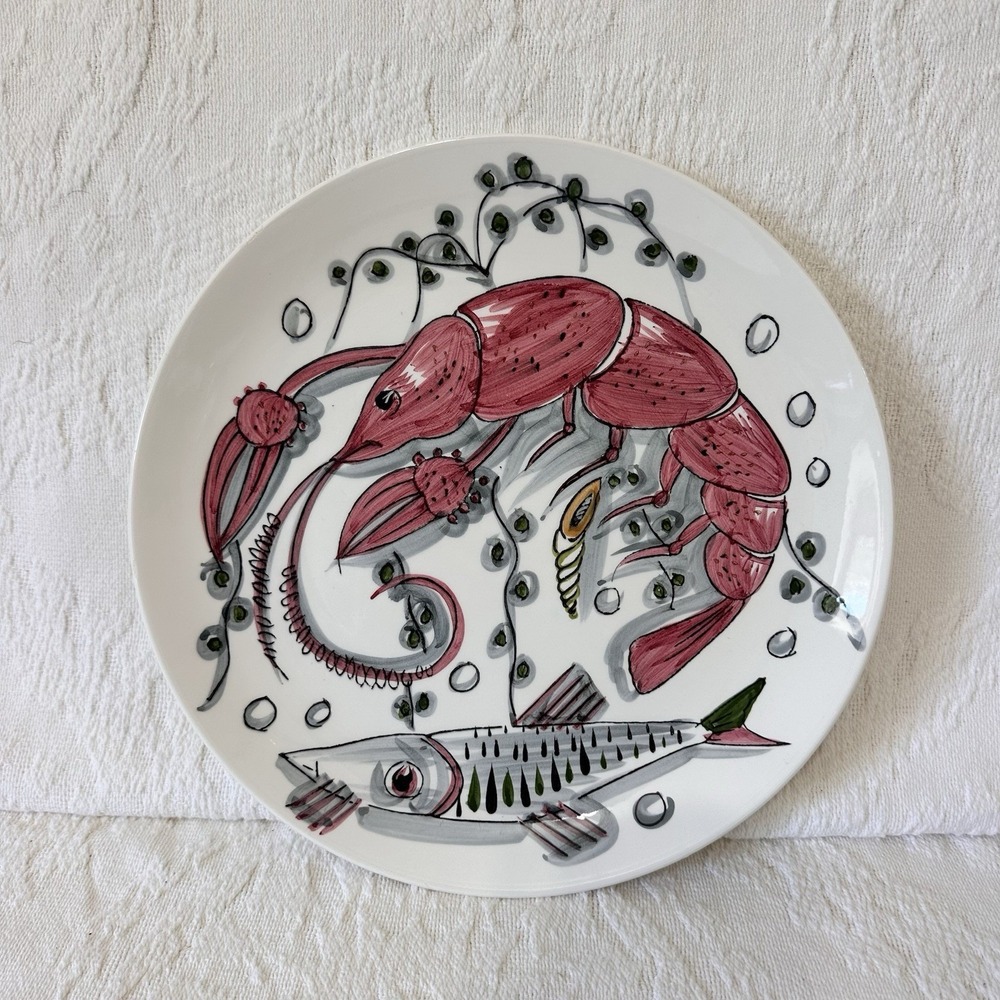 Vintage Lobster And Fish Artisan Decorative Wall Plate Mancioli Style Japan